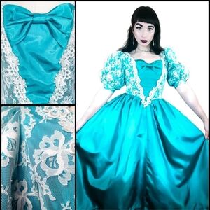 Vintage 1980s Puff Sleeve Teal Princess Southern Belle Formal A-Line Dress